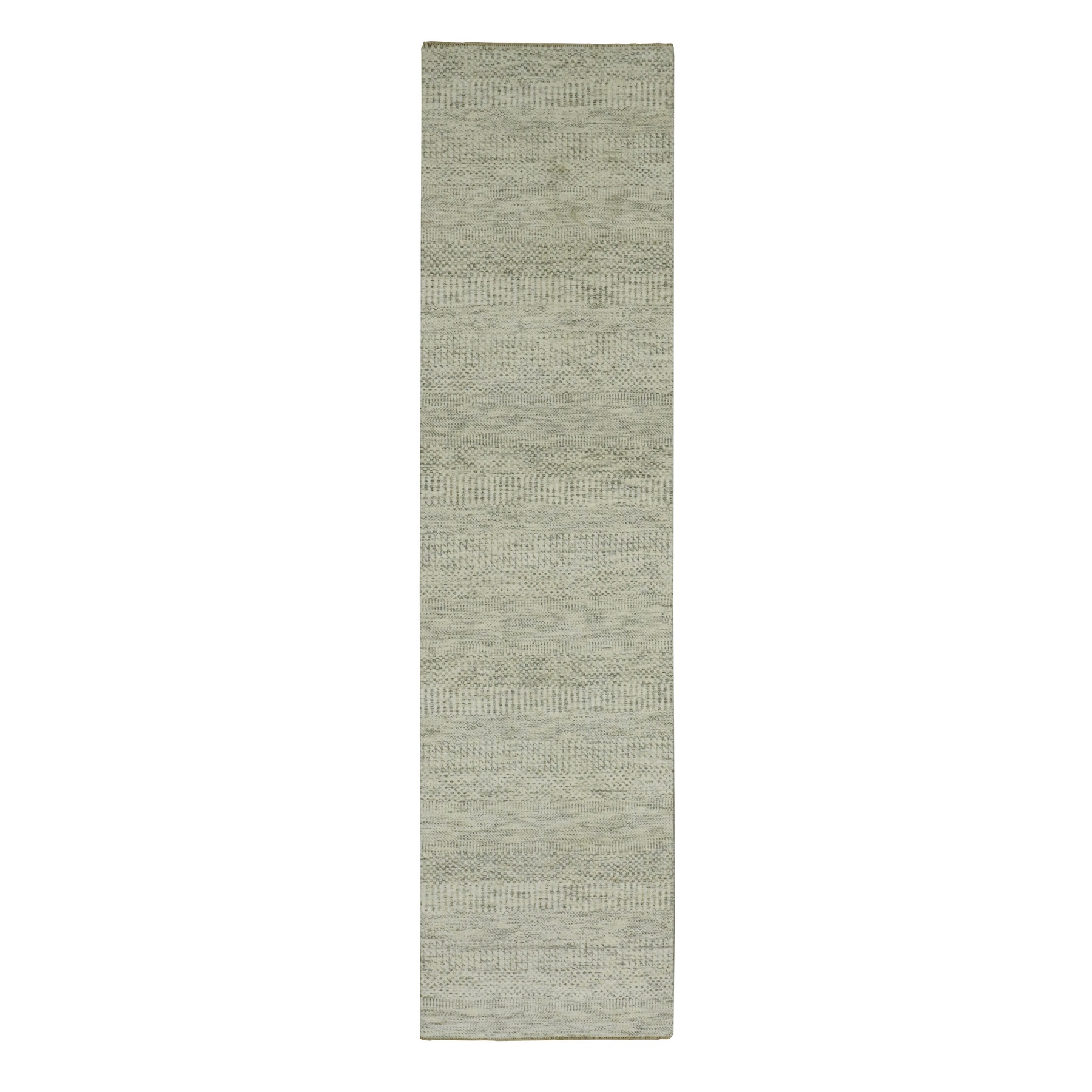 2'6"x10'1" Moderne White, Hand Knotted Modern Grass Design, 100% Wool, Tone On Tone, Organic Sustainable Textile, Runner Oriental Rug 
